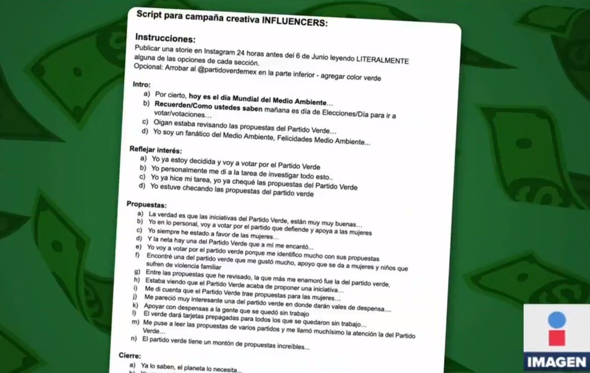 Revelan guión que influencers usaron para promocionar al Partido Verde