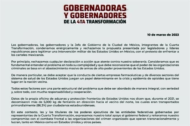 Exigen Gobernadores de Morena a EU acuerdos, no intervención